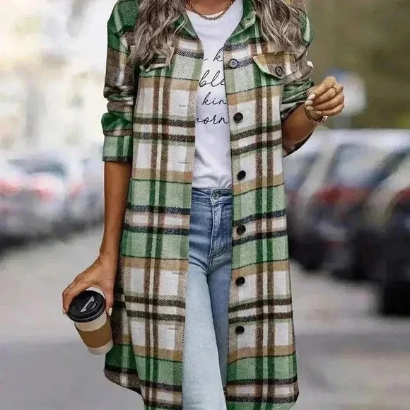 Green Elegant Women's Plaid Long Sleeve Button Up Flannel Shirt Shacket - Picture 4 of 4